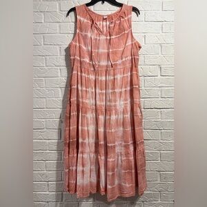 Coral and White Tie-Dye Sleeveless Midi Dress L